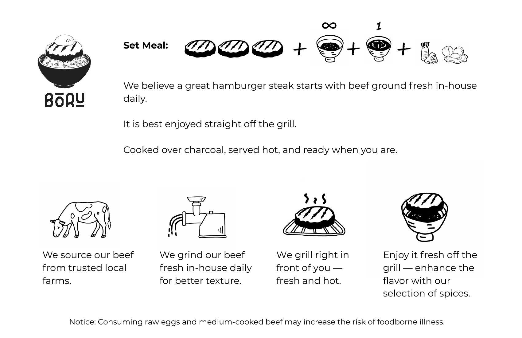 The Boru Set Meal — beef ground fresh in-house daily, grilled over charcoal, served hot